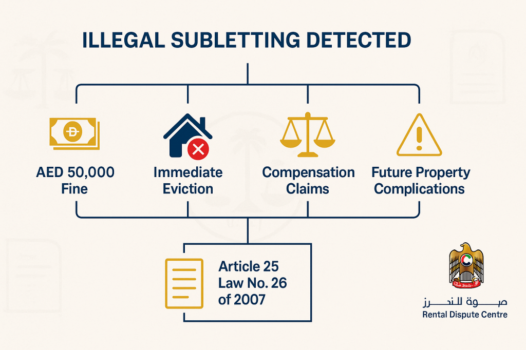 Dubai subletting penalties including AED 50,000 fines, eviction rights, and legal consequences flowchart