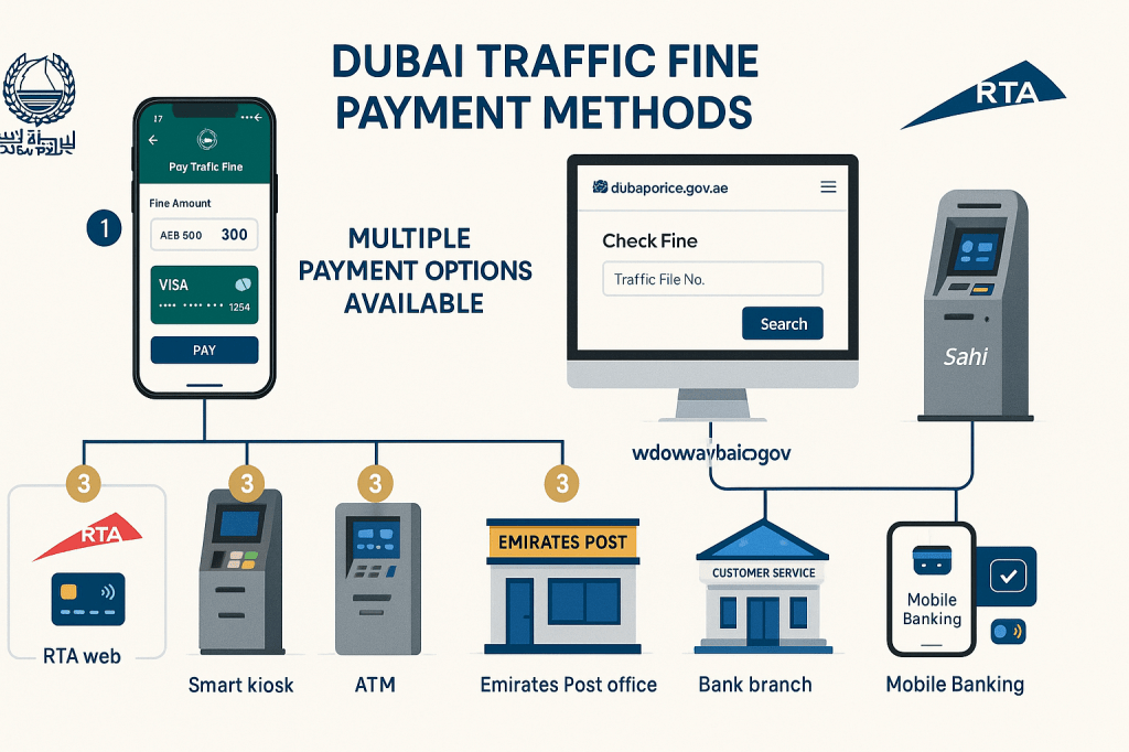 Dubai traffic fine payment methods infographic showing digital and traditional options
