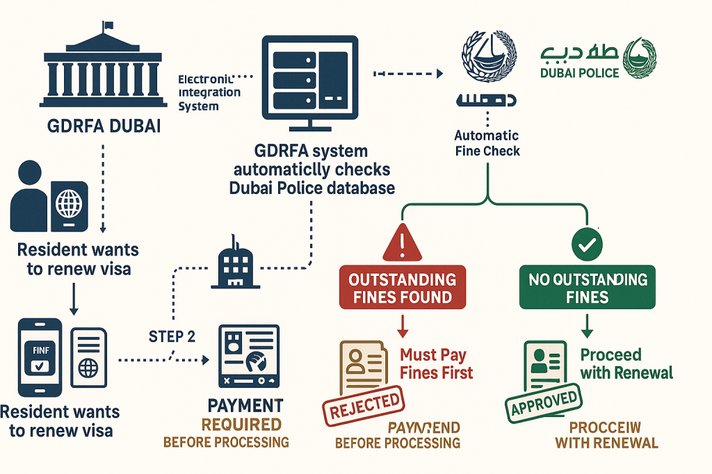 GDRFA visa renewal process flowchart showing traffic fine clearance requirements