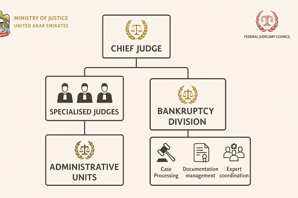 UAE Bankruptcy Court organisational structure showing judicial hierarchy and administrative divisions