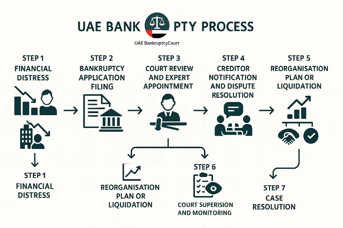 UAE Bankruptcy Court process flowchart from application filing to case resolution
