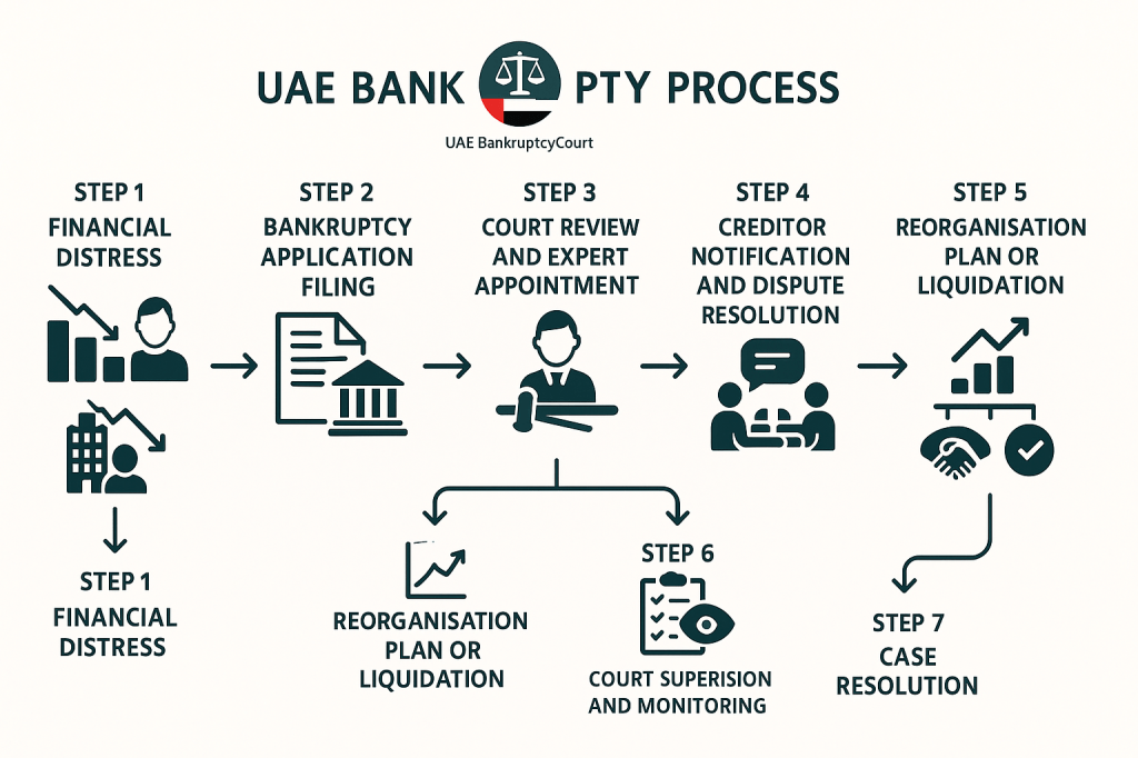 UAE Bankruptcy Court process flowchart from application filing to case resolution
