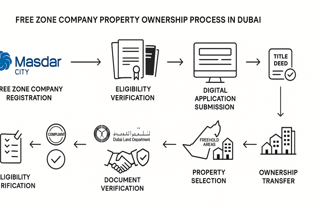 Free zone company property ownership process flowchart from application to title deed transfer