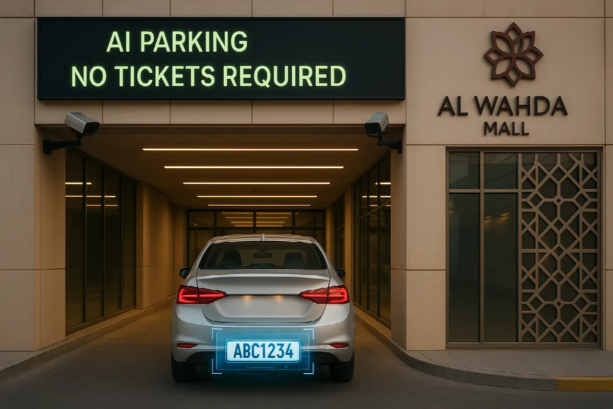 Al Wahda Mall AI parking entrance with ANPR camera scanning vehicle license plate automatically without tickets