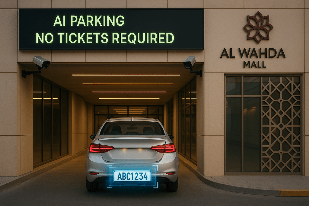 Al Wahda Mall AI parking entrance with ANPR camera scanning vehicle license plate automatically without tickets