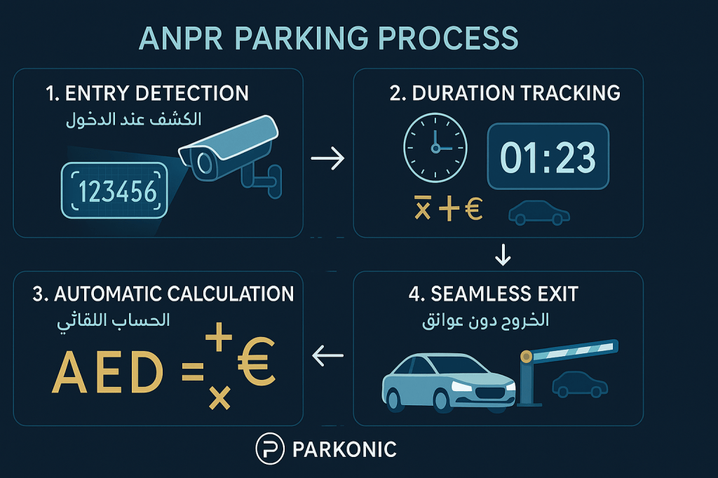 Four-step ANPR parking process infographic showing entry detection, duration tracking, calculation and seamless exit