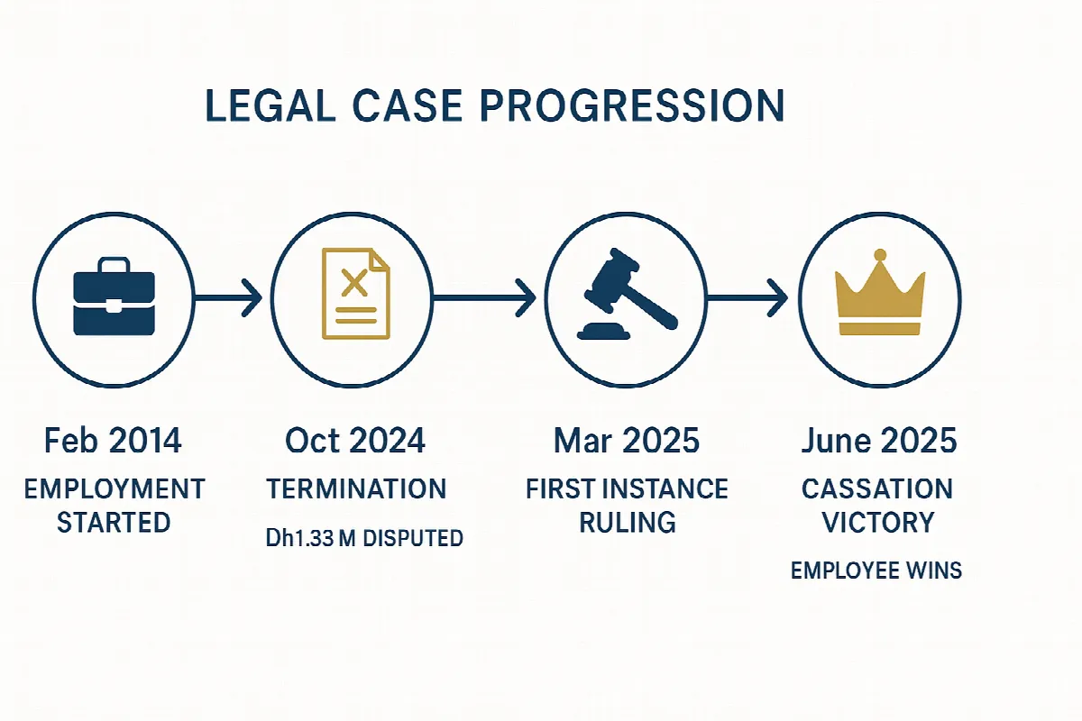 Timeline of UAE employee salary dispute case from employment to Court of Cassation victory