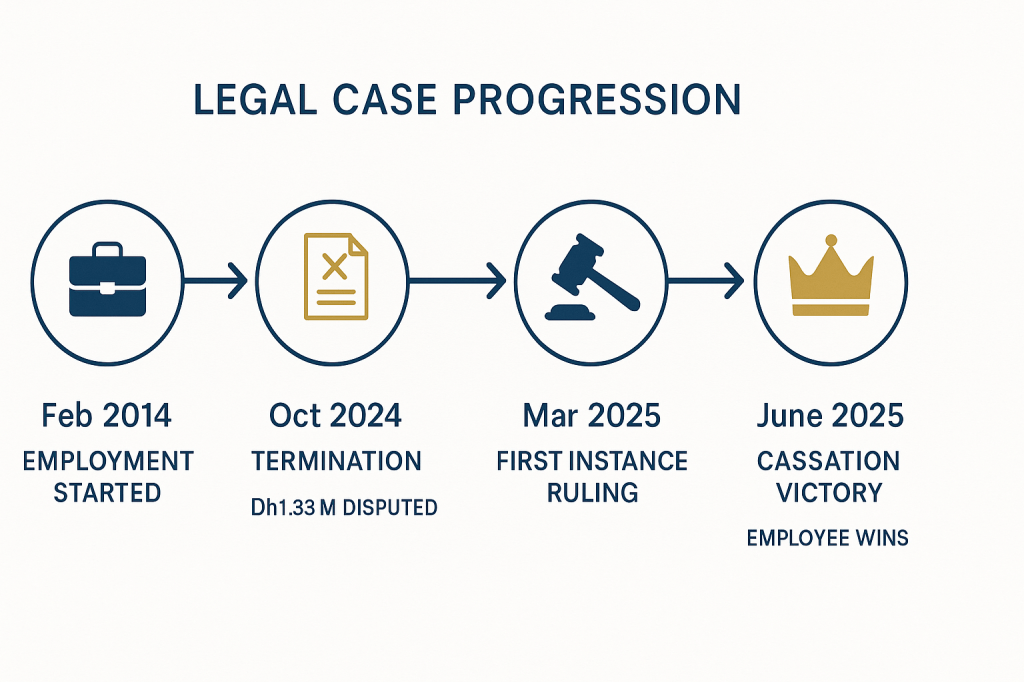 Timeline of UAE employee salary dispute case from employment to Court of Cassation victory