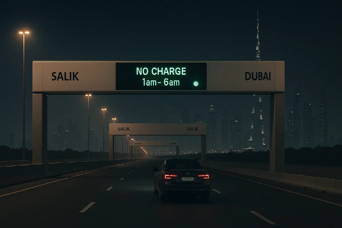 Night highway in Dubai with Salik toll gates, car passing for free between 1am–6am.