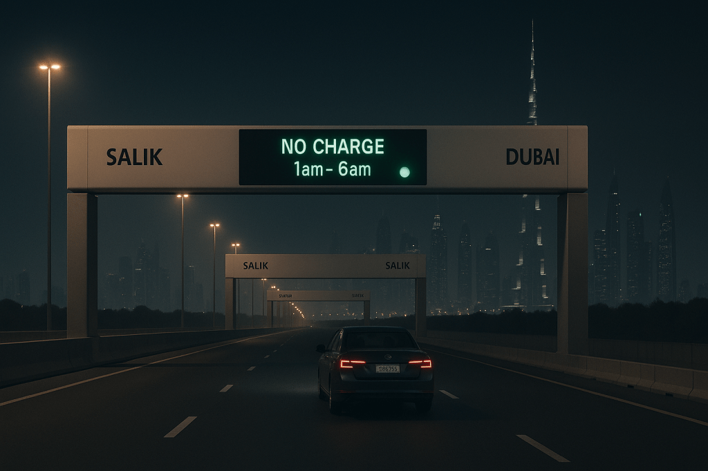 Night highway in Dubai with Salik toll gates, car passing for free between 1am–6am.