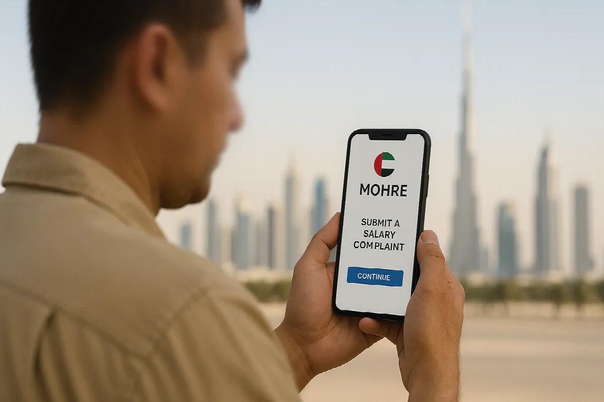Worker submitting anonymous salary complaint on MOHRE app in UAE.