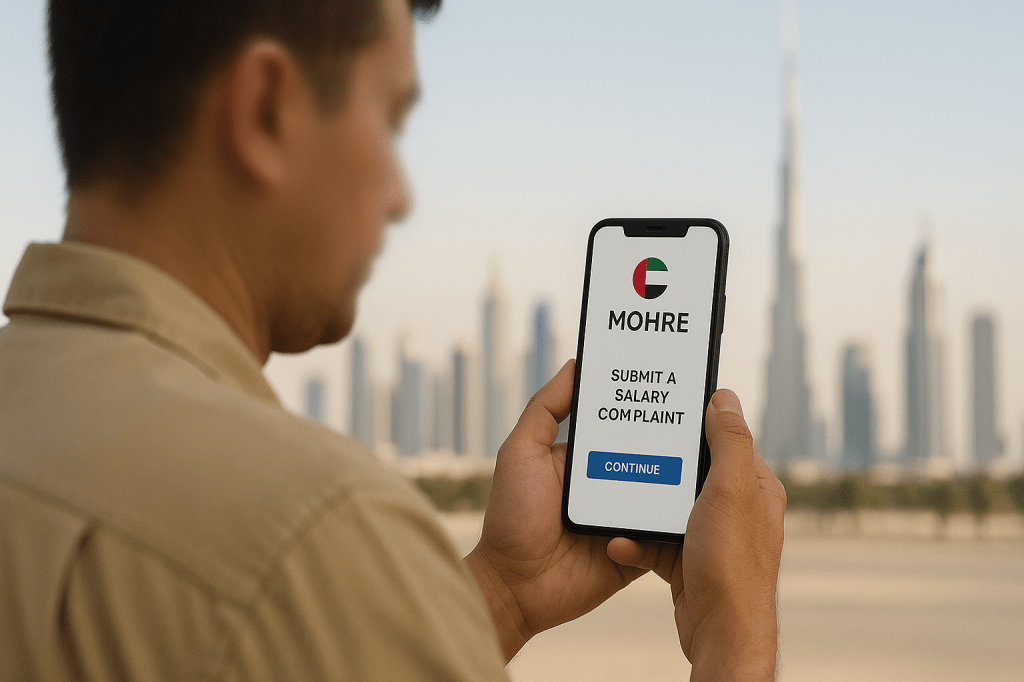Worker submitting anonymous salary complaint on MOHRE app in UAE.