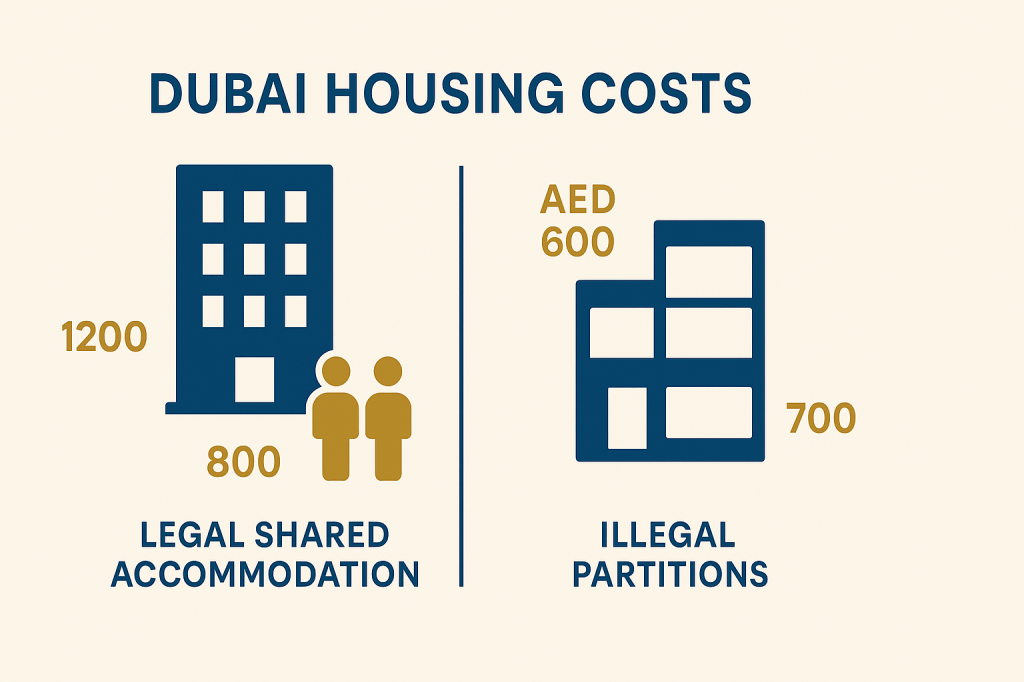 Dubai housing cost comparison infographic showing legal vs illegal accommodation prices