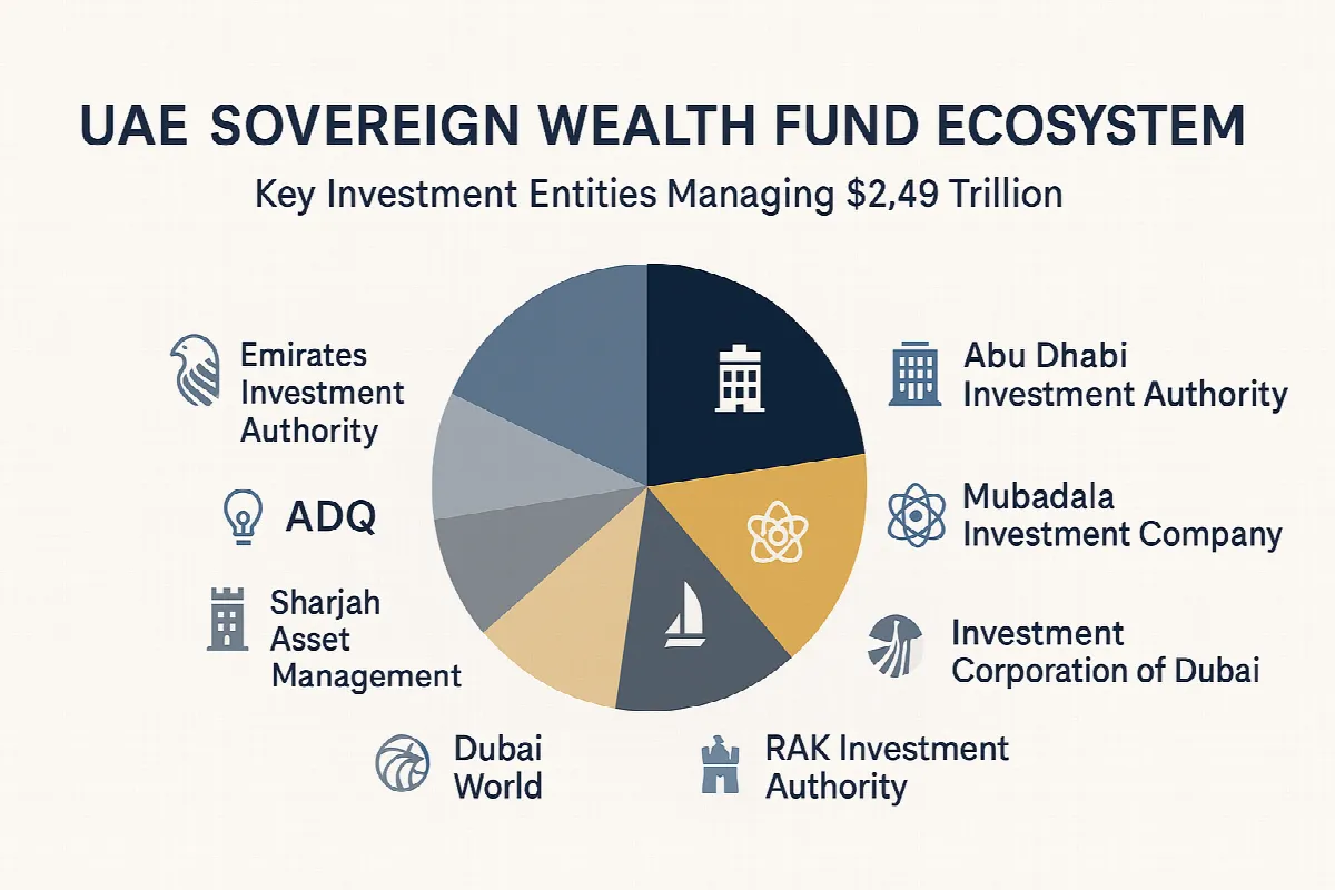 UAE sovereign wealth fund composition chart showing major investment entities managing $2.49 trillion