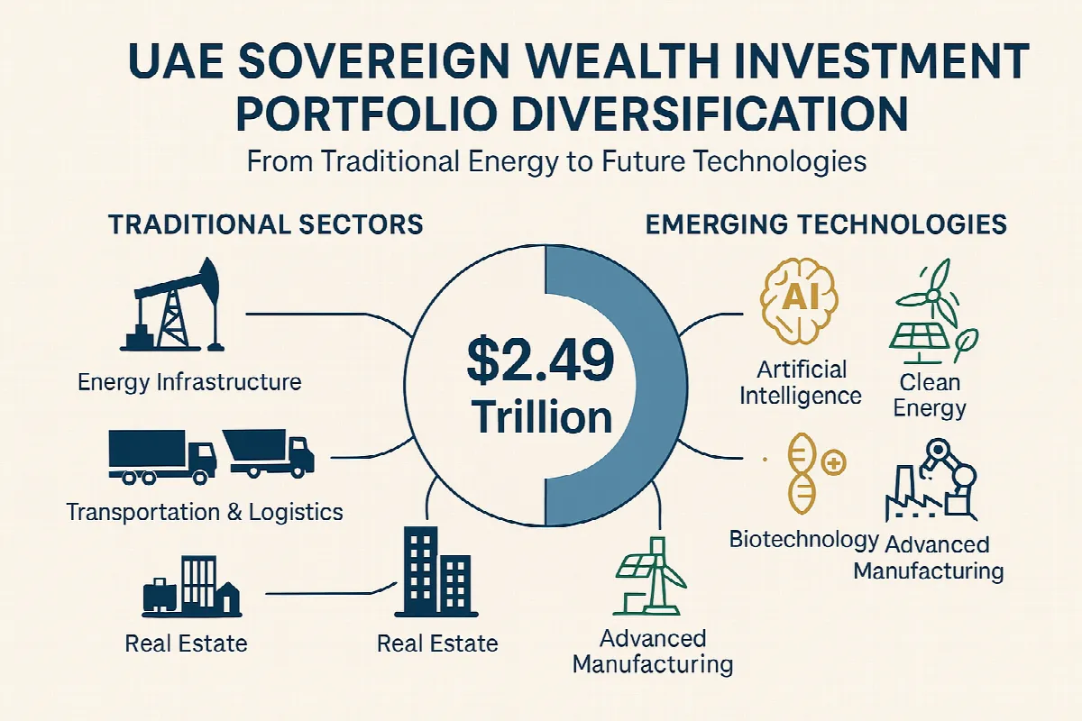 UAE investment sectors illustration showing diversified portfolio from traditional energy to emerging technologies