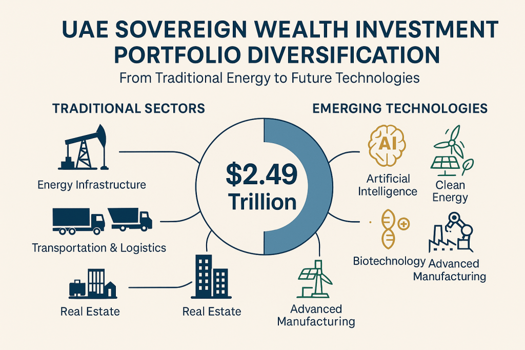 UAE investment sectors illustration showing diversified portfolio from traditional energy to emerging technologies