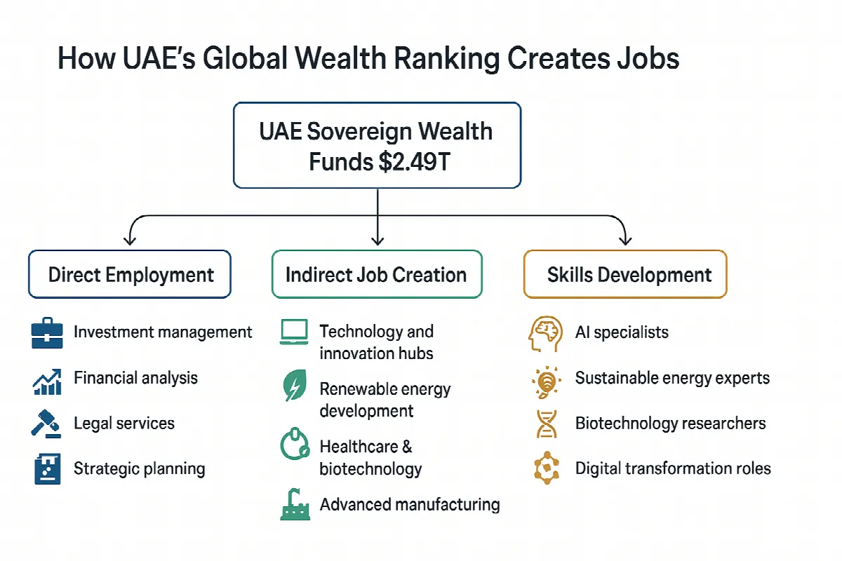 UAE sovereign wealth employment impact flowchart showing how $2.49 trillion creates jobs across multiple sectors