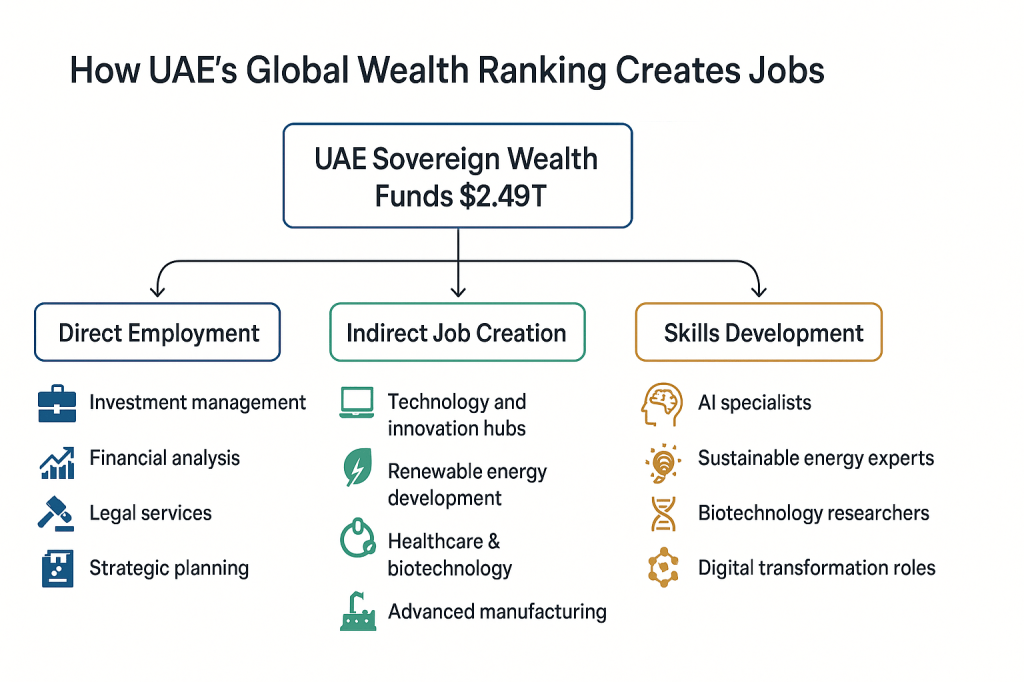 UAE sovereign wealth employment impact flowchart showing how $2.49 trillion creates jobs across multiple sectors