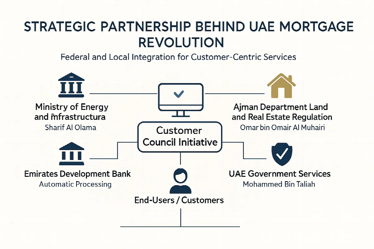 Organizational chart showing strategic partnership between UAE government entities for mortgage procedure transformation