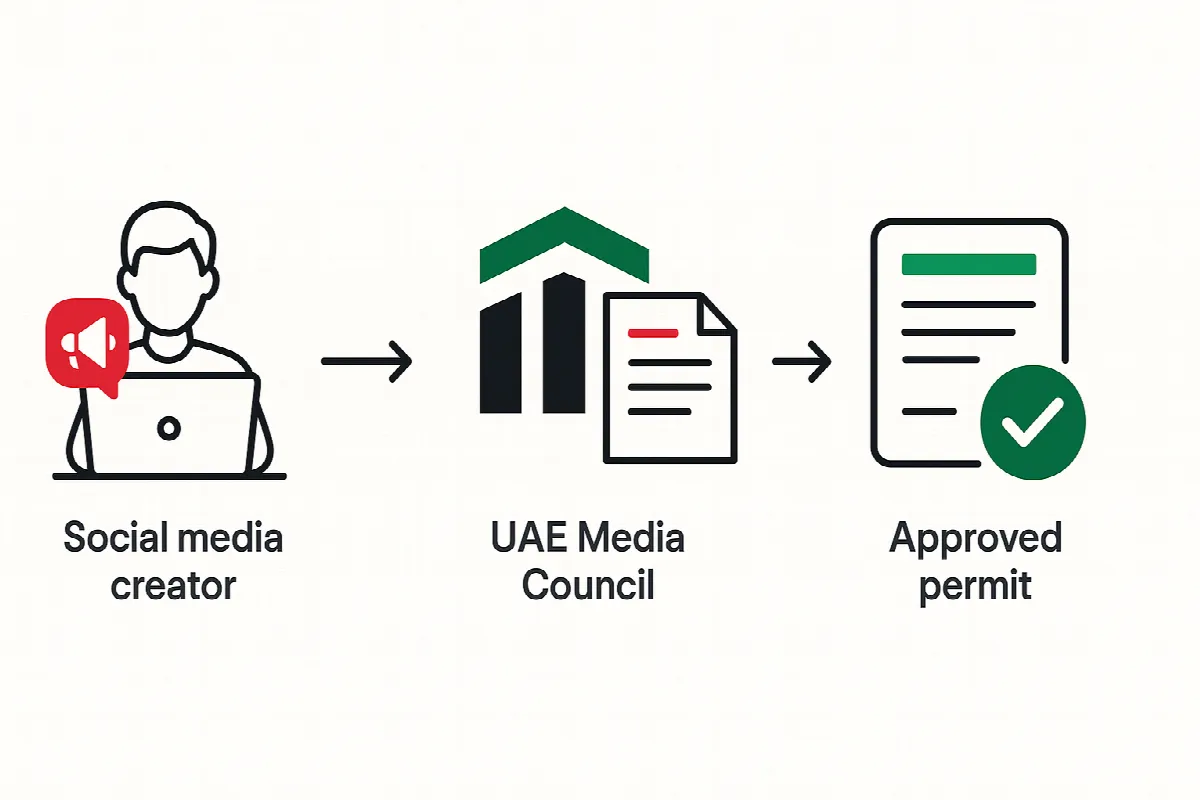 Mu'lin permit application process flowchart showing stages from content creation to UAE Media Council approval