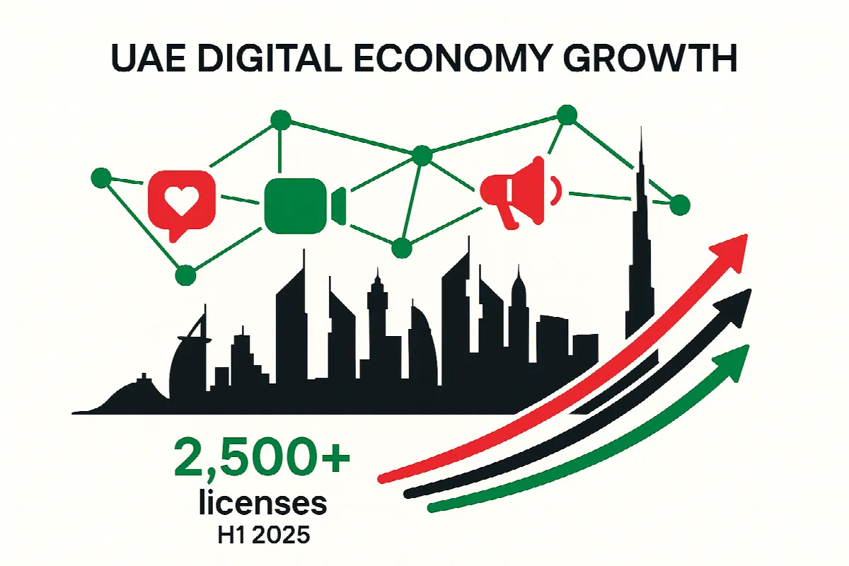 UAE digital economy growth visualization highlighting media sector expansion and licensing statistics for 2025