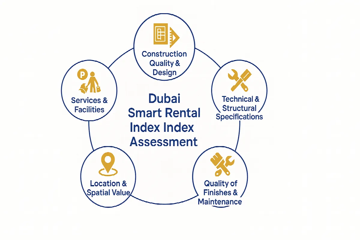 Diagram showing the five assessment criteria used by Dubai Smart Rental Index