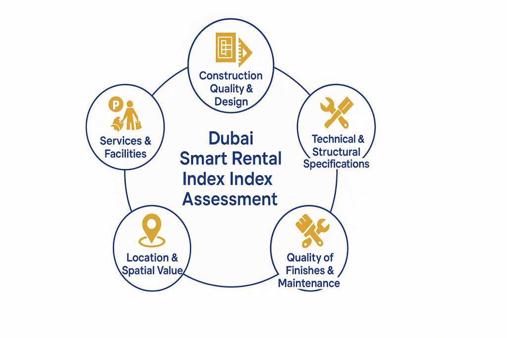 Diagram showing the five assessment criteria used by Dubai Smart Rental Index