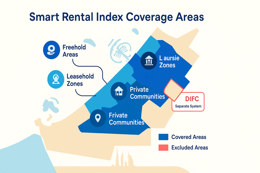 Map showing areas covered and excluded by Dubai Smart Rental Index system