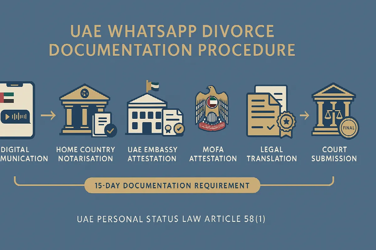 UAE WhatsApp divorce legal documentation process flowchart from digital communication to court approval