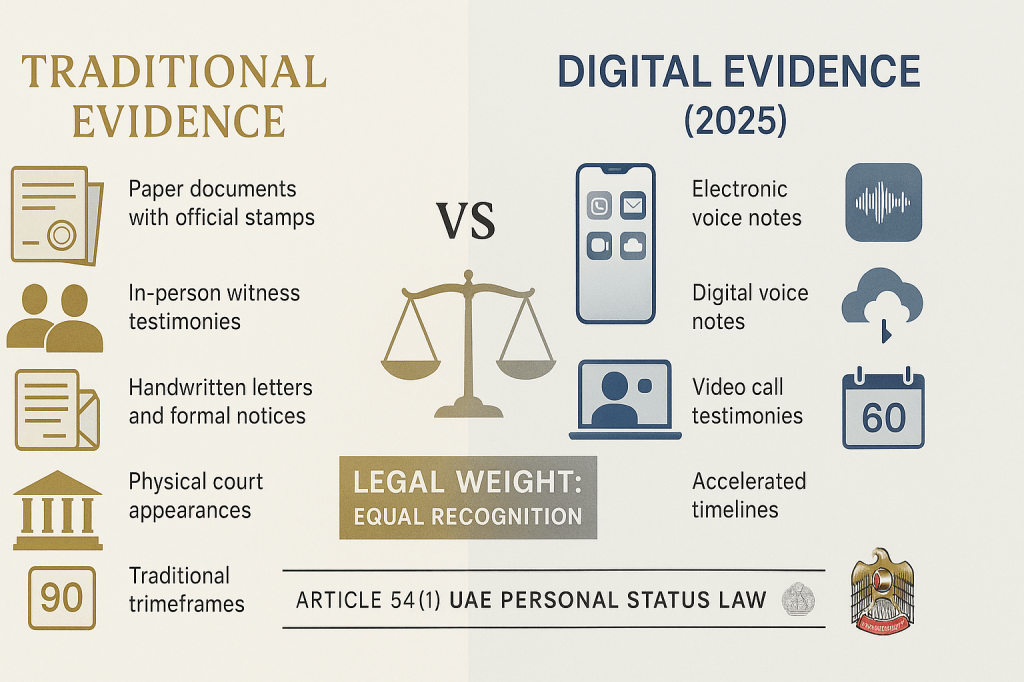 UAE family court evidence comparison showing traditional vs digital methods with equal legal recognition