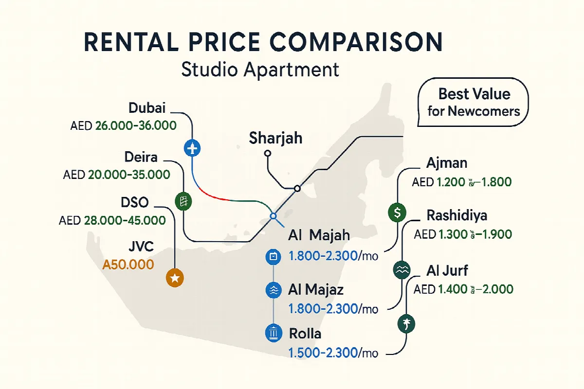 UAE studio rental price comparison map showing affordable housing costs across Dubai, Sharjah, and Ajman