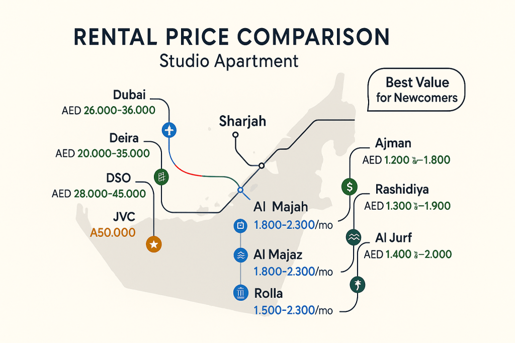 UAE studio rental price comparison map showing affordable housing costs across Dubai, Sharjah, and Ajman