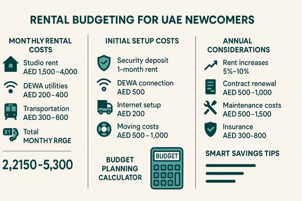 Complete UAE rental budgeting guide showing monthly costs, setup fees, and annual expenses for newcomers