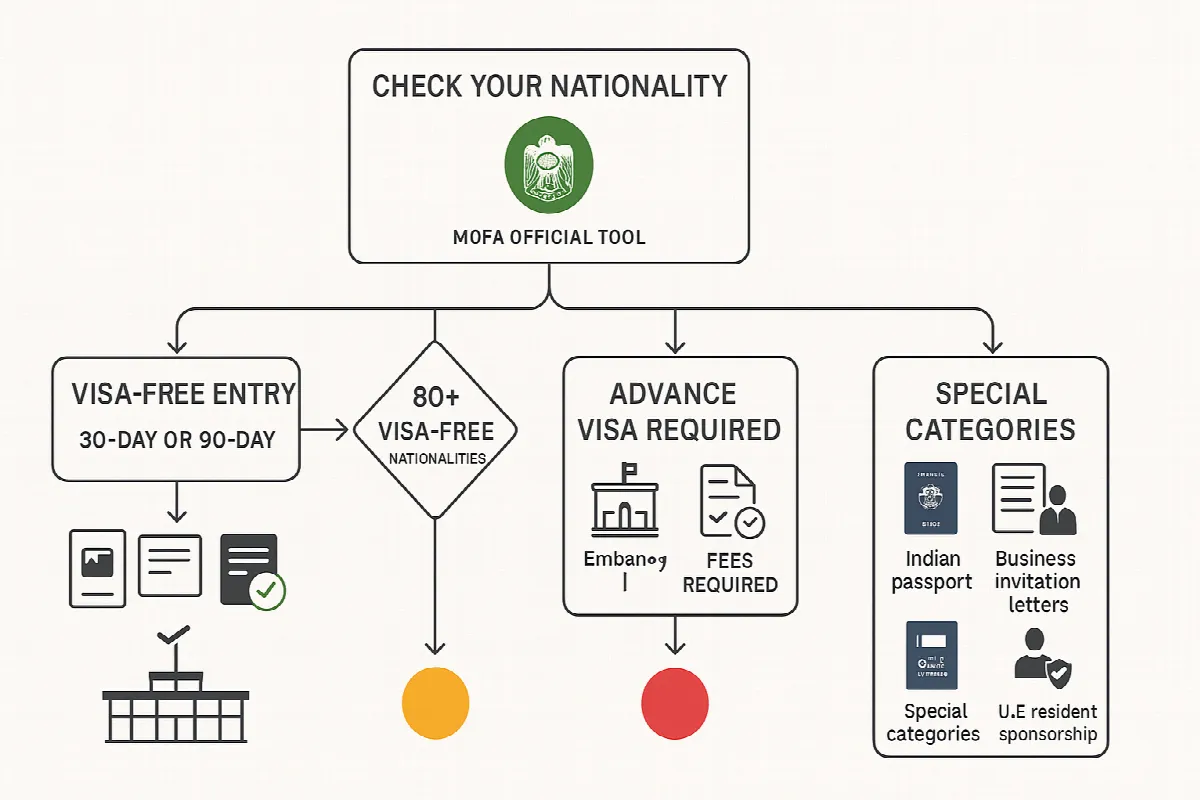 UAE visa entry process flowchart showing different pathways based on nationality and eligibility