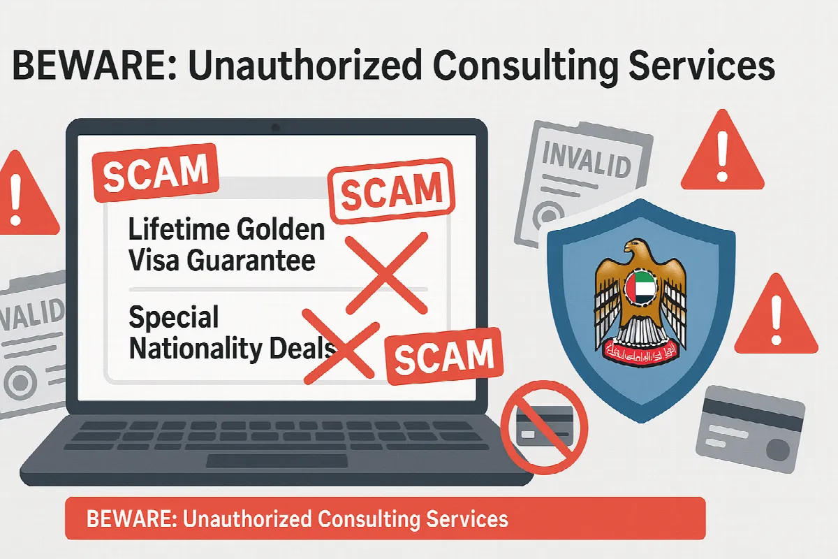 Warning illustration about unofficial Golden Visa consulting services and application fraud
