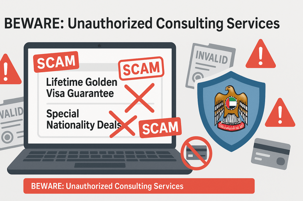 Warning illustration about unofficial Golden Visa consulting services and application fraud