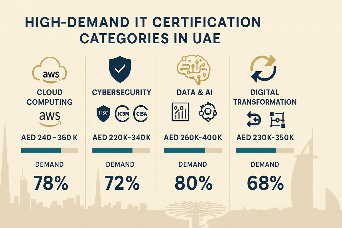 High-demand IT certification categories in UAE with salary ranges and market demand indicators