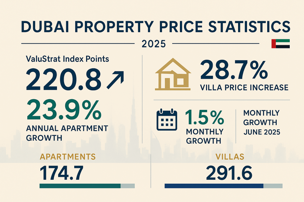 Dubai property price growth statistics dashboard showing ValuStrat index and market performance metrics