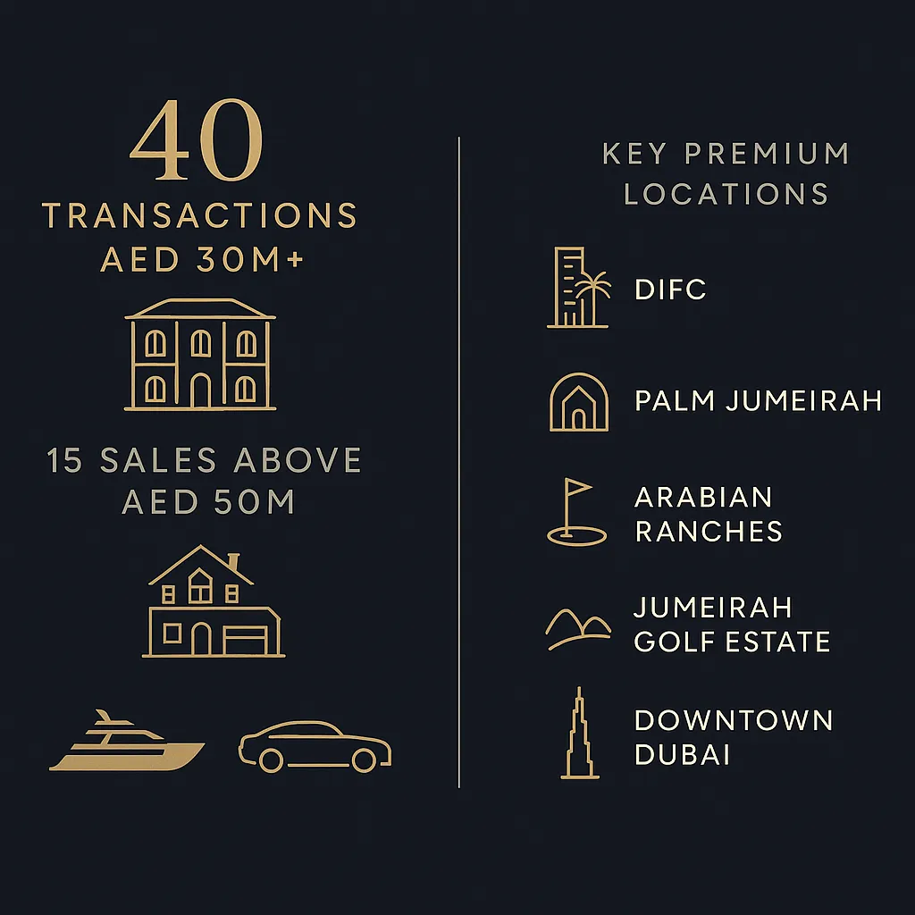 Dubai luxury property transactions map showing premium sales locations and price ranges above AED 30 million