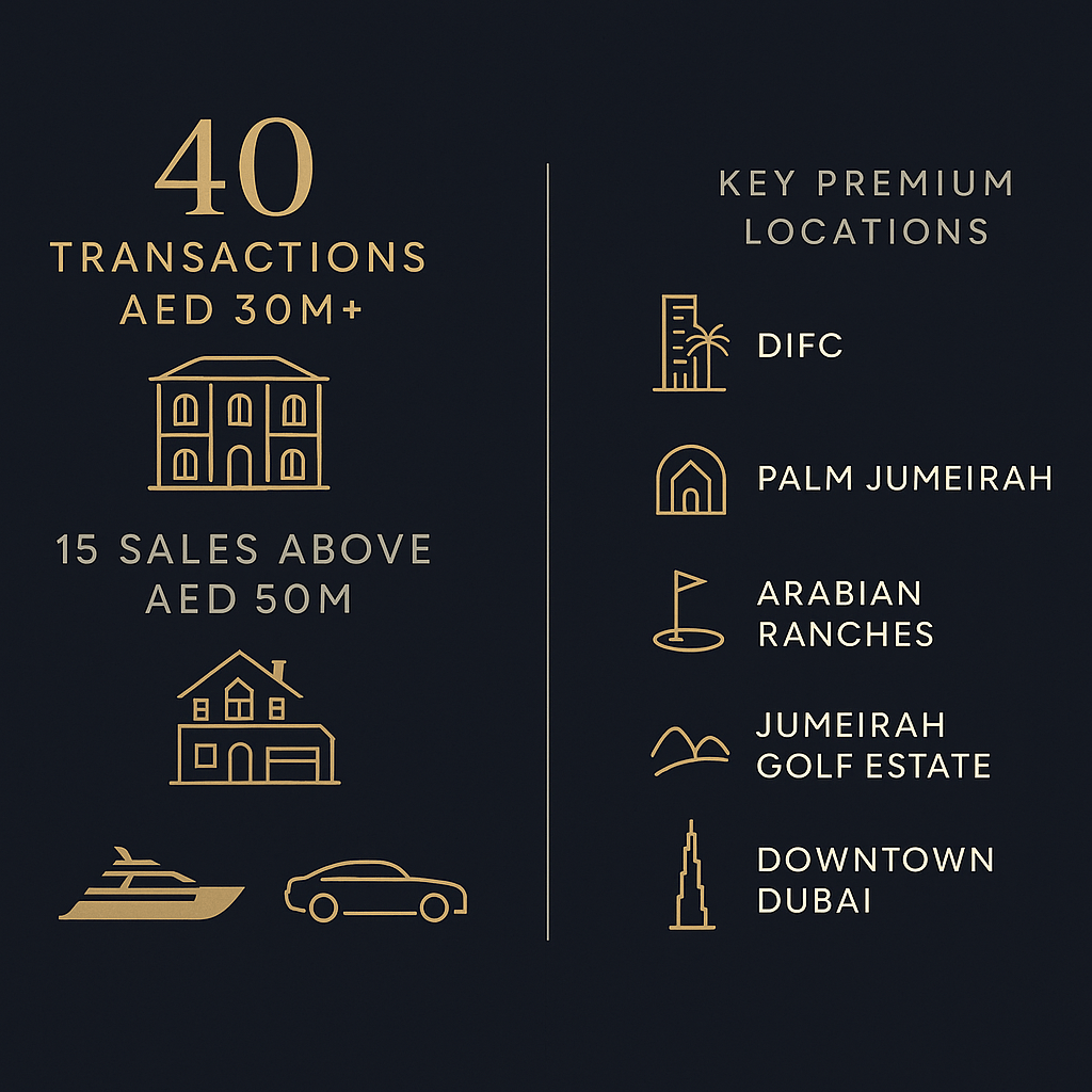 Dubai luxury property transactions map showing premium sales locations and price ranges above AED 30 million