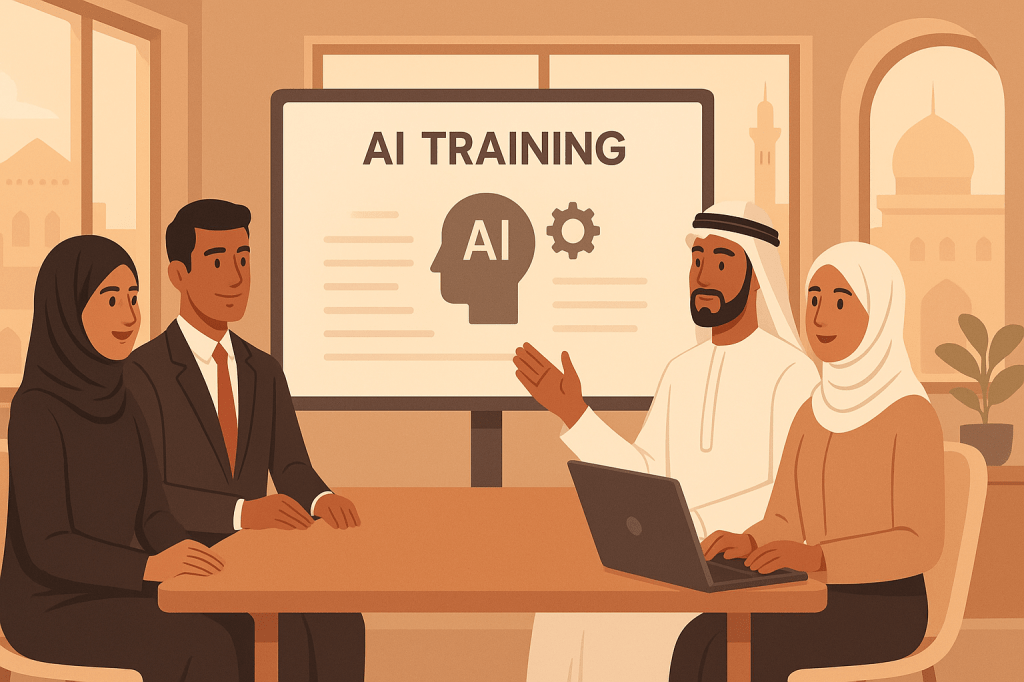 UAE professionals engaged in AI skills training in modern Dubai office