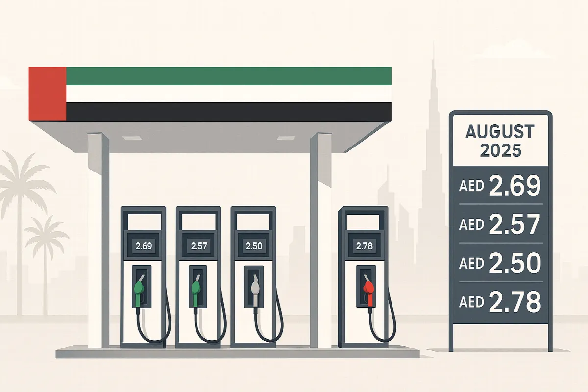 UAE petrol station displaying August 2025 fuel prices on digital screens