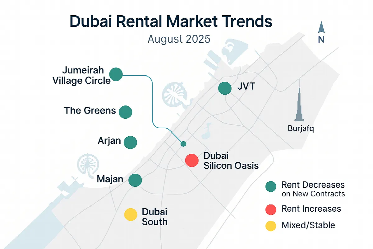 Dubai map showing rental trend zones with colour-coded price changes by area