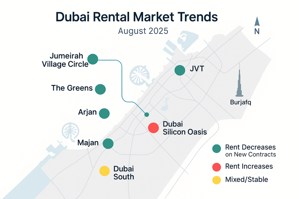 Dubai map showing rental trend zones with colour-coded price changes by area