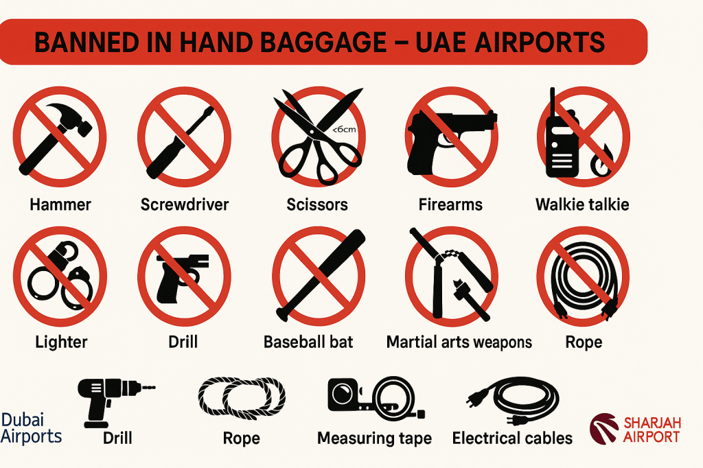 Visual guide showing items banned in hand baggage at UAE airports including tools, weapons and electronics