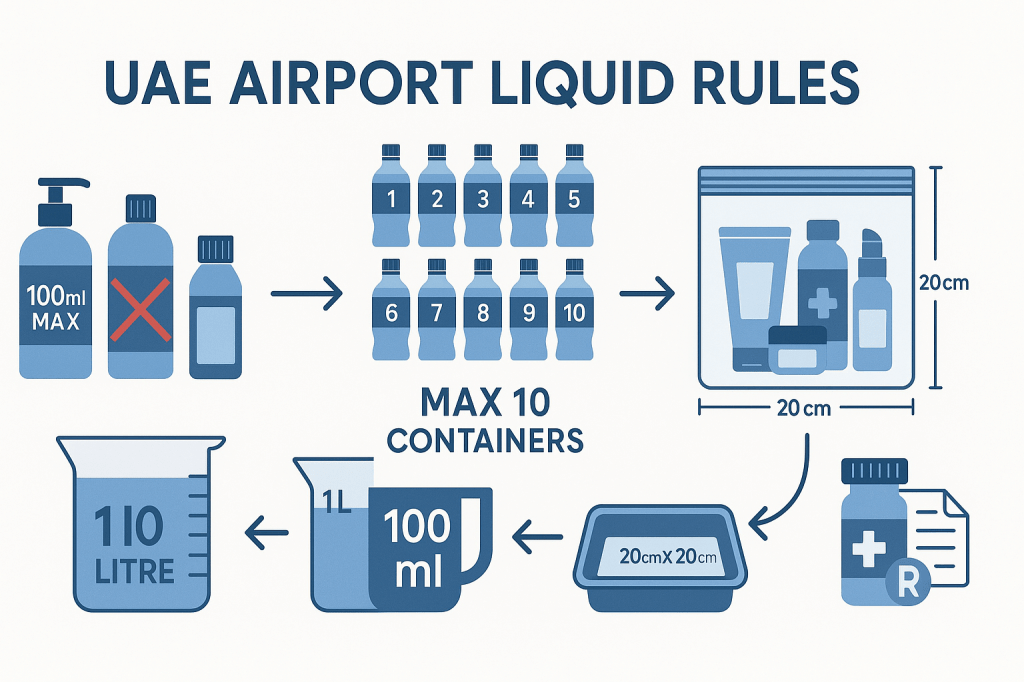 Infographic showing UAE airport liquid restrictions including container sizes and bag requirements