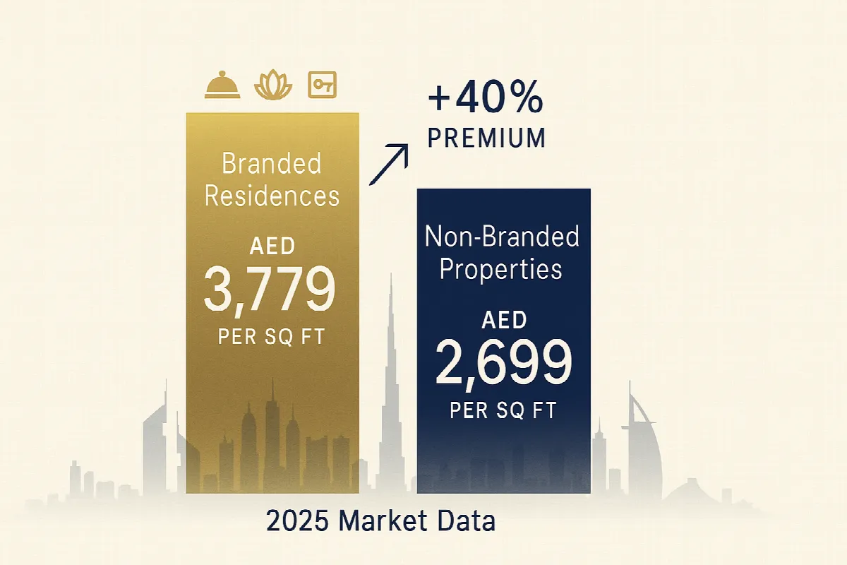 Infographic showing Dubai branded residences cost 40% more than regular properties