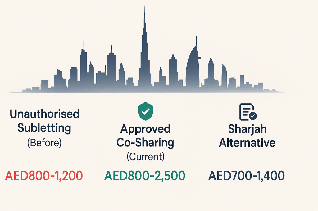 Price comparison showing Dubai's co-sharing property costs before and after subletting crackdown