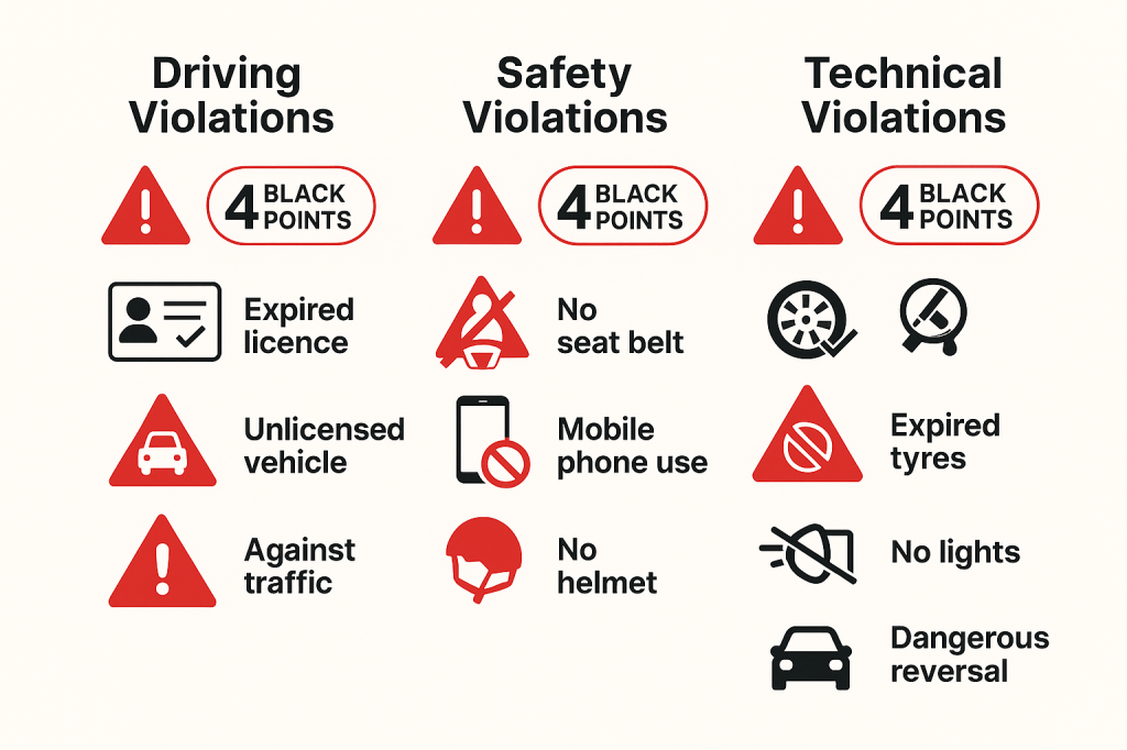 UAE traffic violations that result in 4 black points penalty on driving licence