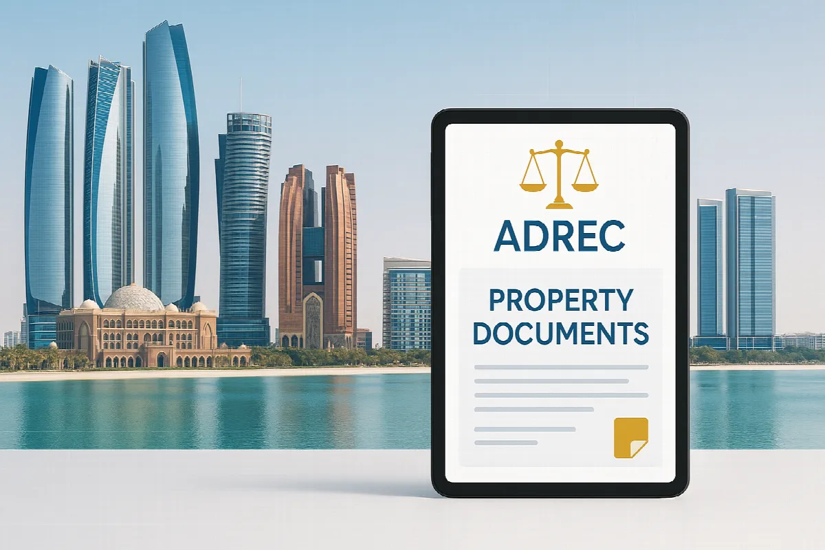 Abu Dhabi cityscape with digital property dispute resolution interface showing new ADREC regulations